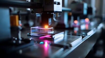 Nanoscale 3D printers building graphene circuits, neon-orange laser precision, factory close-up