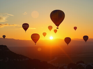 Fototapeta premium Balloons soar gracefully into the sky at sunset, creating a stunning display of color and light. The vibrant landscape provides a breathtaking backdrop, enhancing the beauty of this magical moment