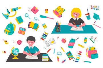 Young caucasian students engaged in classroom activities with school supplies. Elementary school items and stationery. Vector flat illustration. Back to school clip arts, design elements.