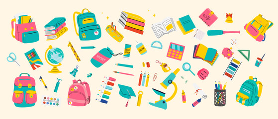 Fun and colorful stationery and art supplies for elementary school children - vector stickers for decoration and crafts. Back to school clip arts, design elements.