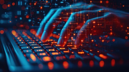 Typing hands overlayed with network bokeh