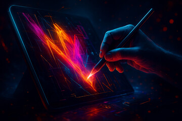 AI generated a futuristic human hand using a stylus to draw vibrant neon lines on an interactive glowing screen representing creativity energy and high tech imagination in a sci fi digital space
