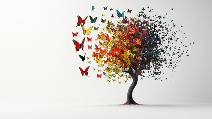 Butterflies transforming from a vivid tree in a modern art display