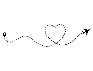 Love airplane route. Romantic travel, heart dashed line trace and plane routes. isolated vector illustration