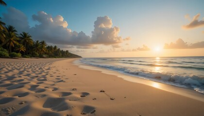 Fototapeta premium Beautiful Summer Tropical Beach Sand – Soft Golden Shoreline with Sunlight and Ocean Breeze, Perfect Coastal Scene for Relaxation, Travel, and Nature Backdrops