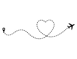 Love airplane route. Romantic travel, heart dashed line trace and plane routes. isolated vector illustration
