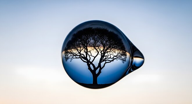 Silhouette of a tree reflected in a water droplet