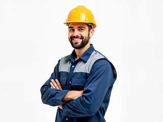Confident man wearing a yellow hard hat and blue work uniform smiles and poses with crossed arms, representing the modern workforce in a technologically advancing society