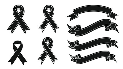 Collection of Black Ribbon Banners and Awareness Ribbons symbol