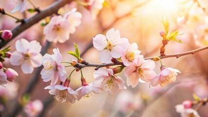 Fototapeta premium Delicate Pink Blossoms Bask in Golden Sunlight, a Serene Springtime Scene of Natural Beauty