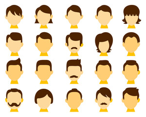 hair styling icons for woman and man. with different hairstyles and color