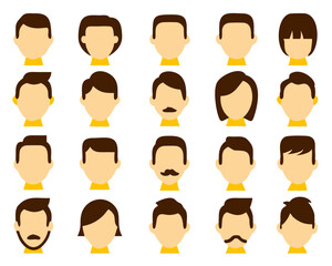 hair styling icons for woman and man. with different hairstyles and color