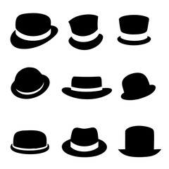 Collection of retro hats silhouette. black man's retro hat with white ribbons on a white background