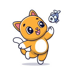 Cute Cat Catching Fish Cartoon Vector Icon Illustration. Animal Food Icon Concept Isolated Premium Vector. Flat Cartoon Style