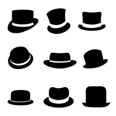 Collection of retro hats silhouette. black man's retro hat with white ribbons on a white background