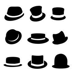 Collection of retro hats silhouette. black man's retro hat with white ribbons on a white background