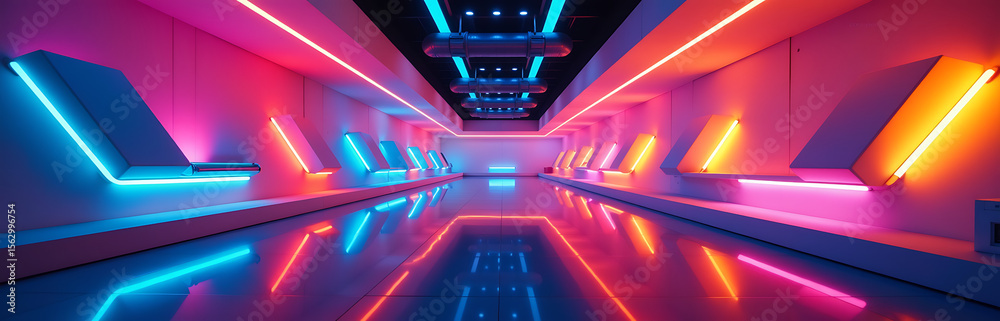 Poster vibrant colors blend modern futuristic design featuring geometric shapes neon lights wide panoramic 