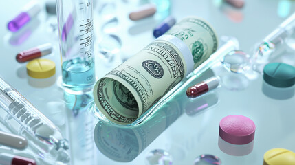 Medication and cash arranged on a glass surface in a clinical setting