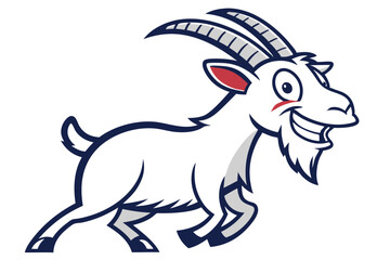 Cartoon goat running playfully with a smile, white coat, and prominent horns showcases motion