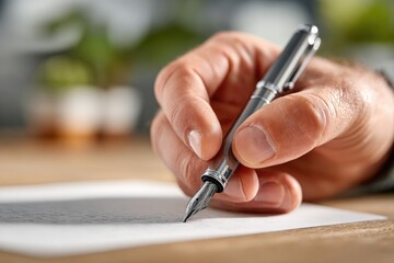 left-handed individual using pen on clean white sheet of paper captured in minimalistic style