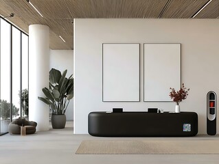 Minimalist Interior Mockup of a contemporary lounge and library space with a white sofa, light wooden armchairs Architectural Mockup Spaces Professional Home and Office Interiors