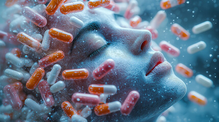 Serene face floats among colorful capsules in surreal space
