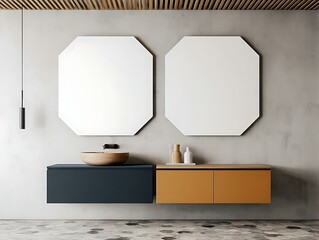 Minimalist Interior Mockup (Bangkok) of a serene bathroom with a dark walnut wooden vanity and oversized round blank mirrors Contemporary Interior Mockups Architectural Mockup Spaces
