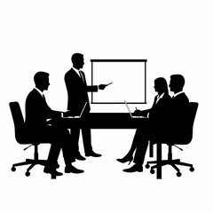 Business presentation: A presenter leads a team meeting, using a projector and laptops.