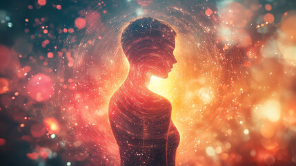 Mystical silhouette surrounded by vibrant colorful light and energy