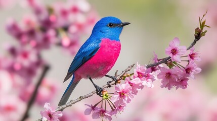 Vibrant blue-pink bird perched on a branch of blossoming pink cherry blossoms