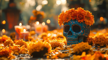 Celebrating Dia de los Muertos with vibrant flowers and decorative skulls