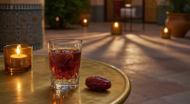 An intricately etched digestif glass with date liqueur sits on a brass table, candlelight reflecting off tiled walls, palm shadows stretching across the courtyard.