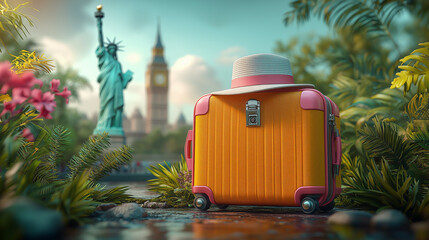 Bright suitcase with hat near iconic landmarks in vibrant park setting
