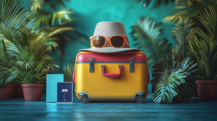 Vibrant travel suitcase with sunglasses and hat in a tropical setting