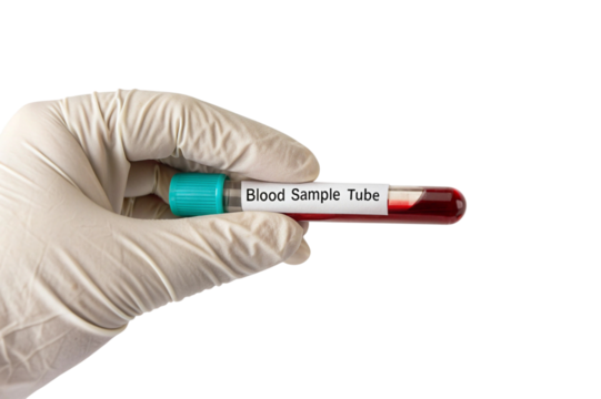 Gloved hand holding blood sample tube with red liquid isolated on transparent background