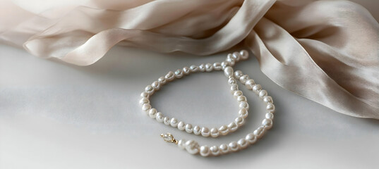 Beautiful strand of pearls resting on satin fabric in soft focus with natural lighting capturing a dreamy high-quality look full of elegance and sophisticated digital artistry.

