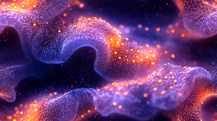 Seamless texture with glowing particles in vibrant purple and orange hues