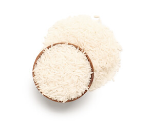 Bowl with raw rice on white background