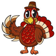 cute thanksgiving turkey mascot cartoon vector illustration, isolated funny pilgrim bird character for holiday and autumn designs, work of handmade