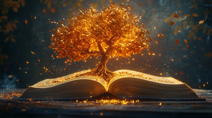 Golden tree growing from an open book in a mystical setting with autumn leaves
