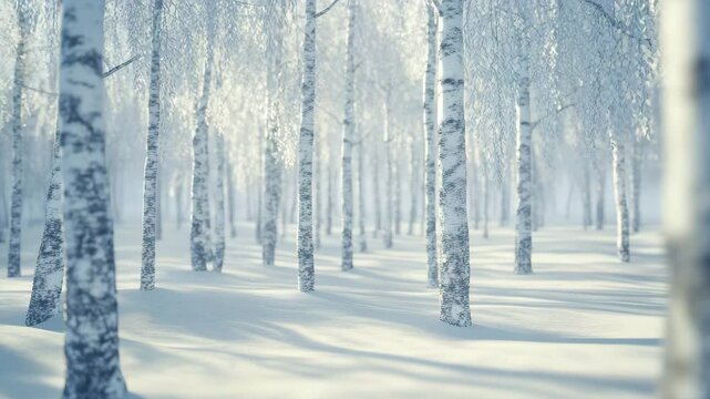 Winter birch forest landscape with snow covered tree trunks and soft light creating peaceful shadows on ground, evoking calm and serene atmosphere in cold season nature scene