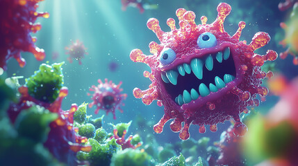 Colorful virus cartoon character in a vibrant microscopic environment