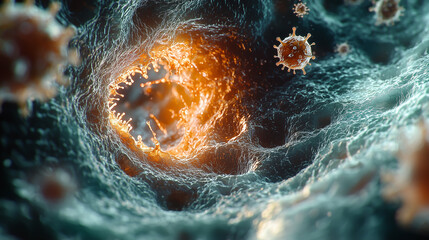 Virus particles interacting with cellular structures inside a human body