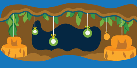 Vector illustration of a cave painting in a natural landscape with a sun and trees