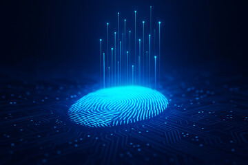 AI generated image showing glowing digital fingerprint emitting data beams over circuit surface represents futuristic identity verification and cybersecurity system
