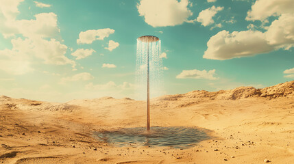 Water fountain creates oasis in the arid desert landscape under blue sky