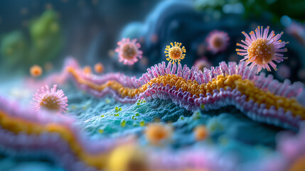 Microscopic view of viral particles interacting with cell membranes