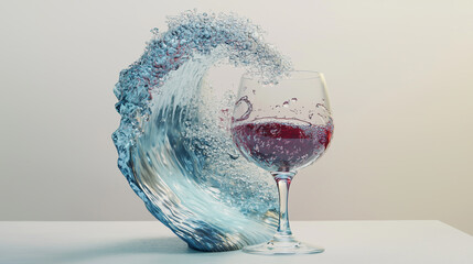 Creative splash of water forming a wave next to a glass of red beverage