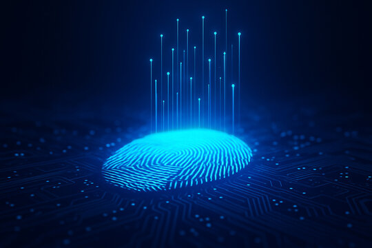 AI generated image showing glowing digital fingerprint emitting data beams over circuit surface represents futuristic identity verification and cybersecurity system