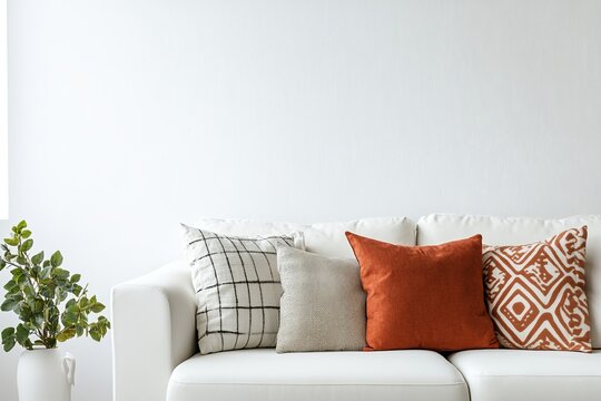 White sofa with patterned pillows in modern living room